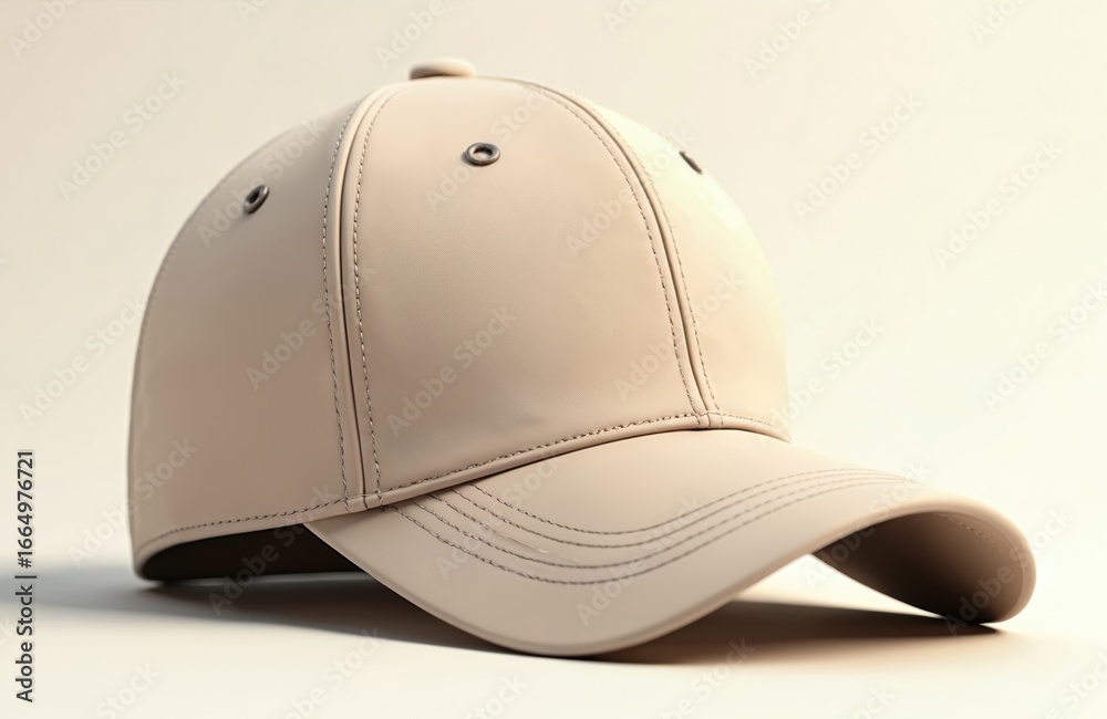 Fototapeta premium Beige baseball cap on gray surface. Cap is tilted, brim is curved. Small white logo on brim adds detail to simple design. Cap is main focus, no other objects or text present.