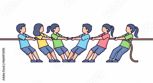 Children playing tug of war game with rope, teamwork concept.