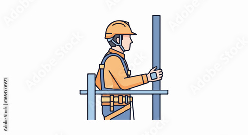 Construction worker on scaffolding holding a pole.