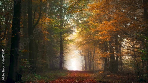 Moving through a misty forest in autumn. Fog and colorful foliage create depth in a tree tunnel