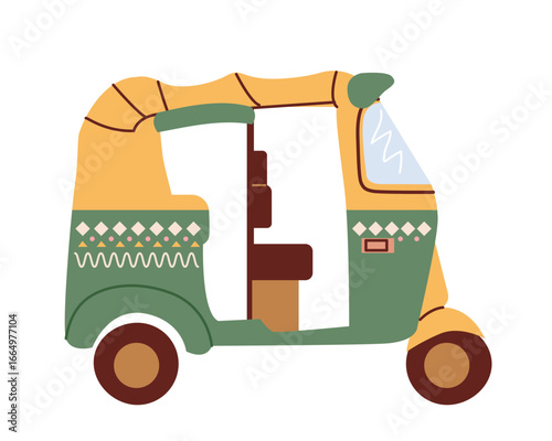 Colorful Indian Rickshaw. Vintage and Retro style tuk tuk taxi design. Asia country transport design for poster, banner, placard, brochure