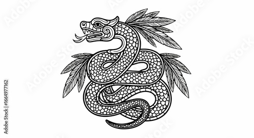 Detailed illustration of a feathered serpent, a symbol of ancient cultures.