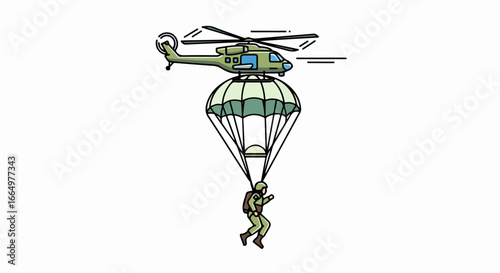 Helicopter deploying a person with a parachute for rescue.