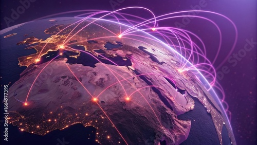 Global network of glowing light trails connecting continents and cities across the earth isolated on transparent background