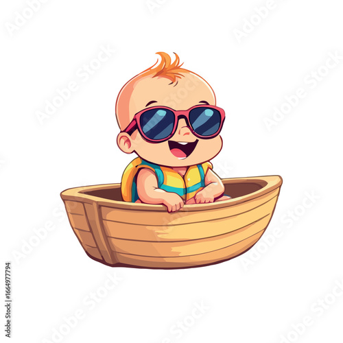 Vsai baby wearing sunglasses and life vest enjoying boat trip