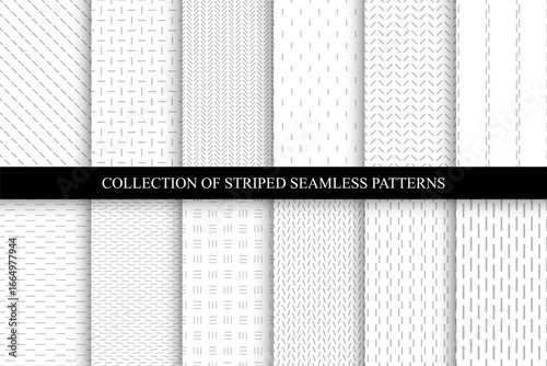 Collection of vector seamless geometric striped patterns. White and gray abstract minimalistic backgrounds with small line texture. Monochrome endless unusual prints