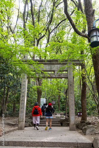 People hiking at Yunqi bamboo trail, a scenic path in Hangzhou China, located in the West Lake scenic area with a dense bamboo forest