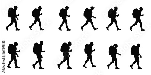 Two rows of black silhouette hikers with backpacks walking on white background trekking