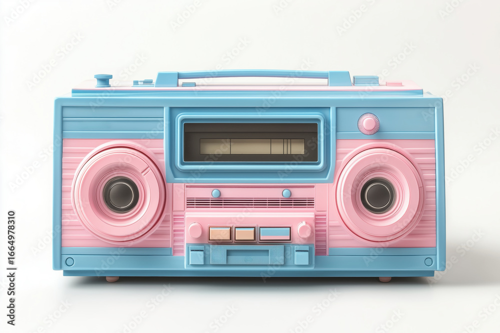 Fototapeta premium Vintage boombox in pastel tones, soft blue and light pink colors, smooth surface, cute retro shape, isolated on white background