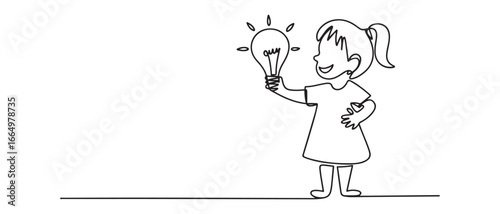 Continuous one line drawing happy little girl holding a light bulb in her hand. Earth hour concept. Vector black silhouette. with white background