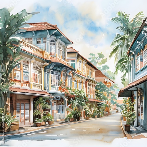 Vibrant Peranakan Shophouses: A Colorful Street Scene in Watercolor.