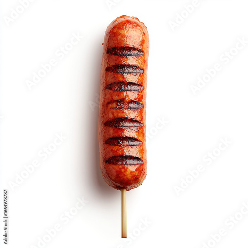 Grilled sausage on stick with distinct grill marks, perfect for outdoor meals, on white background.