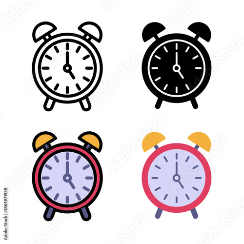 Alarm clock icon in stroke, black and colored
vectors collection isolated on white background.