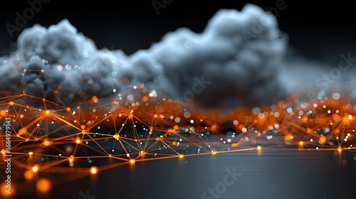 Abstract digital network over a dark background, with a large gray cloud formation