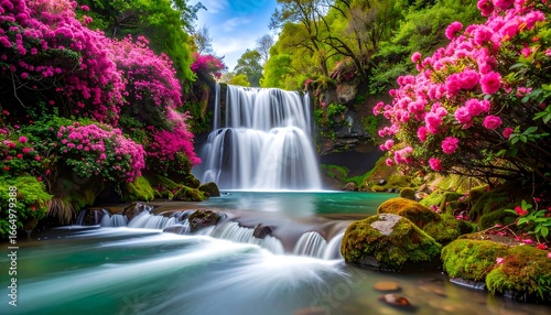 Lush waterfall cascading through vibrant flowers