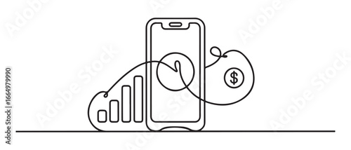 Continuous one line drawing mobile banking payment. Business activity concept in market. Single line draw design. Vector black silhouette. with white background