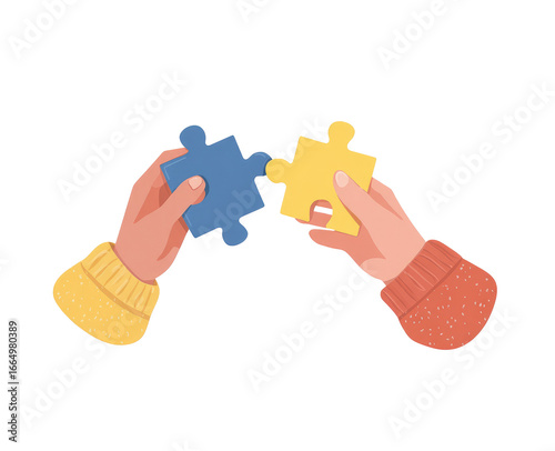 Two hands hold interlocking puzzle pieces, blue and yellow.  Childlike hands, wearing sweaters in warm colors.  Flat illustration style