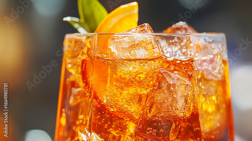 Close up of a glass filled with a vibrant orange cocktail garnished with an orange slice and green leaf