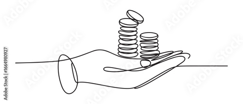 Single one line drawing hand hold coins on literacy. Financial literacy concept. Continuous line draw design. Vector black silhouette. with white background
