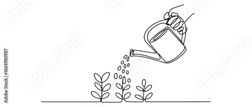 Continuous one line drawing water the plants to maintain a good environment. World environment day concept. Single line draw design. Vector black silhouette. with white background