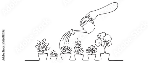 Continuous one line drawing water the plants to maintain a good environment. World environment day concept. Single line draw design. Vector black silhouette. with white background