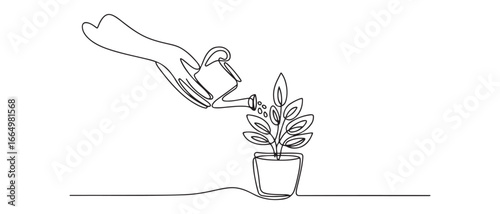 Continuous one line drawing water the plants to maintain a good environment. World environment day concept. Single line draw design. Vector black silhouette. with white background