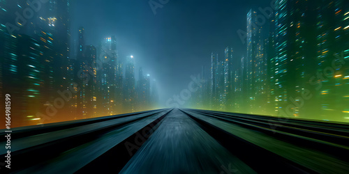 Wallpaper Mural Futuristic Cityscape with Railroad Tracks Under Vibrant Neon Lights Torontodigital.ca
