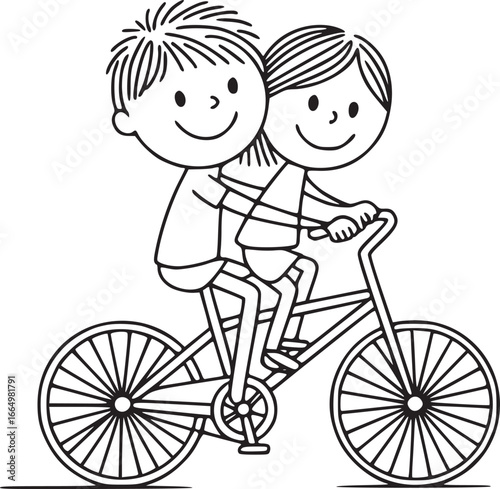 Joyful Tandem: Two smiling figures share a bicycle, a delightful illustration of togetherness, fun, and the simple pleasures of life. 