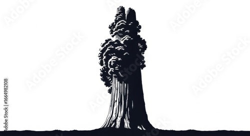 Black Silhouette of Tree with Dense Foliage and Tall Trunk on White Background