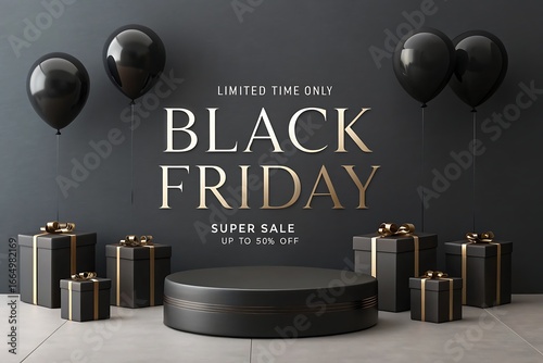Modern ecommerce background featuring a round pedestal, luxury black and gold gift packages, glossy balloons and circular wall frame suitable for advertising black friday retail campaigns and business
