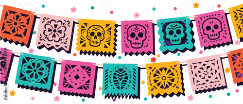 Celebrate Dia de los Muertos with vibrant papel picado flags featuring skulls and floral designs