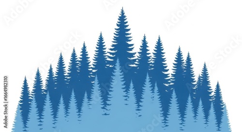 Blue Silhouetted Forest of Pine Trees on White Background