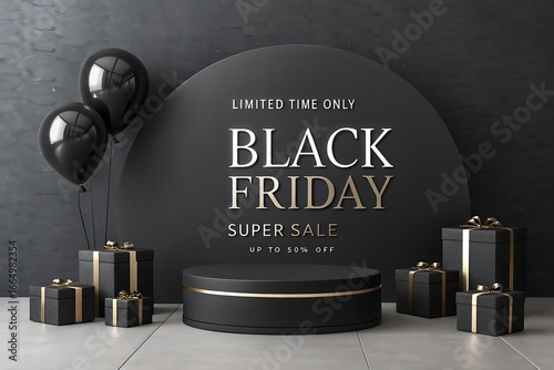 Luxury gift boxes with golden ribbons, glossy balloons, and a round podium on a dark minimalist background for black friday sale promotions, ecommerce advertising, retail marketing, and discount camp