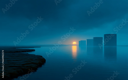 Wallpaper Mural Serene Sunset Over Water with Silhouetted Storage Tanks in Blue Twilight Torontodigital.ca