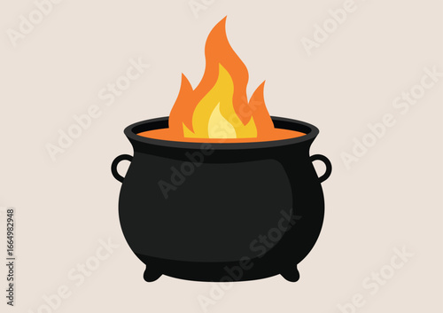 Black cauldron with bright fire inside, witch pot boiling with flames for Halloween magic and spooky decoration. Flat vector illustration