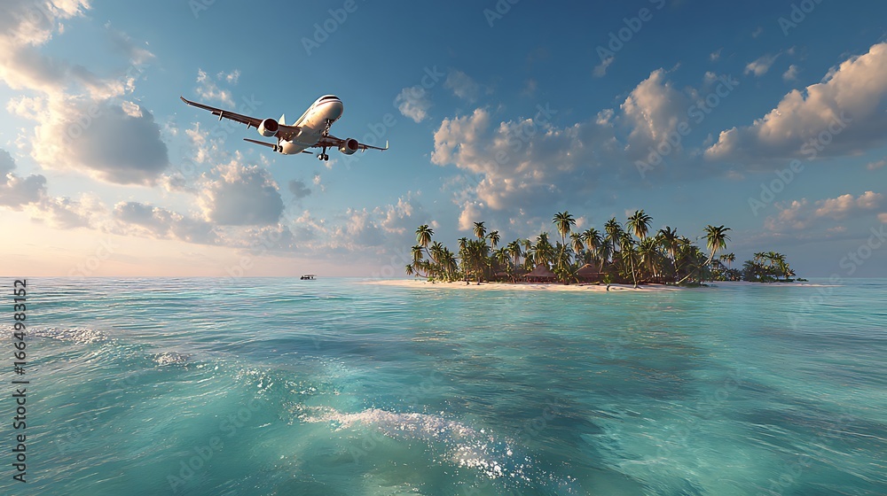Naklejka premium Awesome photo of commercial jet plane descends towards tropical paradise island.