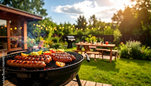 Delicious sausages sizzling on a grill in a sunny garden setting, complete with a backyard gathering.