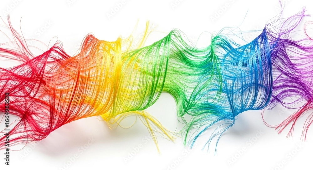 Obraz premium A vibrant rainbow wave of colorful strands of hair flowing against a white background.