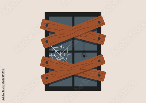 Boarded up window with wooden planks and spiderweb, creepy decoration for haunted house or Halloween night theme. Flat vector illustration