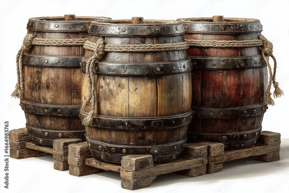 Classic wooden pirate barrels on a wooden pallet, showing signs of wear and usage, isolated on white background, suitable for nautical, pirate, or rustic themes. Classic wooden pirate barrels on a wooden pallet, showing signs of wear and usage, isolated on white background, suitable for nautical, pirate, or rustic themes.