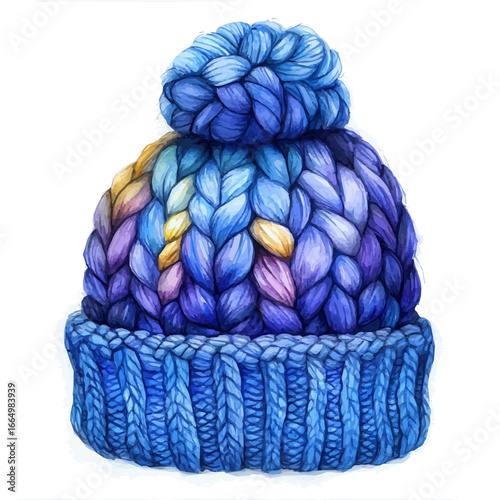Warm Knitted Hat, watercolor clipart vector, isolated on a white background.