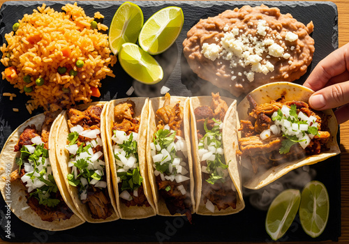 Mexican street food tacos with pulled pork, onions, cilantro, served with rice and refried beans