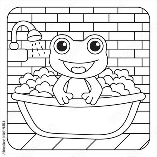 Cartoon Frog Bathing in a Tub with Bubbles