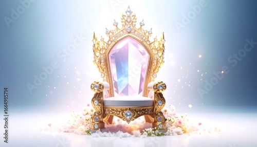 Luxurious golden throne surrounded by soft light and flowers