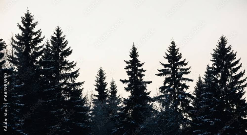 Obraz premium Dark Green Pine Trees Forest in Winter with Snow on Branches Under Overcast Sky