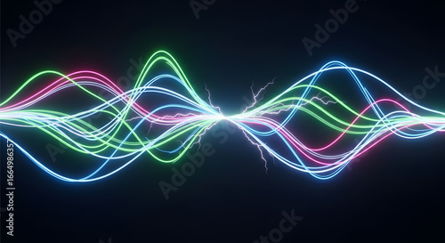 Dynamic visual representation of colorful oscillating frequencies, illustrating concepts of sound, light, and electrical energy in a digital landscape