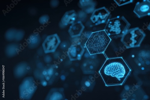 Digital brain health network, data flow, future tech, dark background, medical research