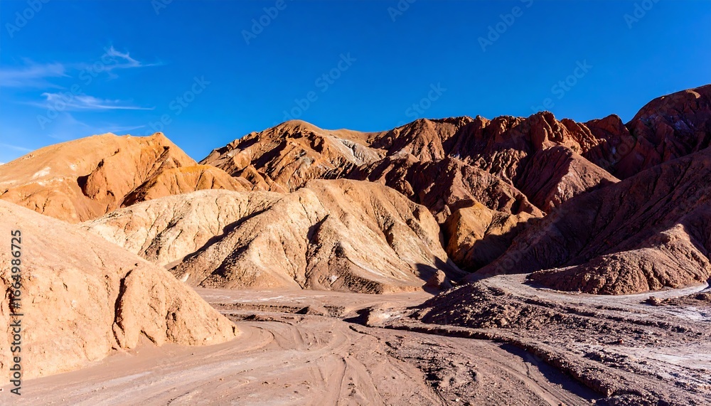 Fototapeta premium Strikingly colored, sculpted hills of a desert landscape, bathed in sunlight, create a vibrant, awe-inspiring view.