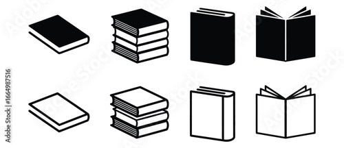 Illustration of various books in different positions, showcasing open and closed books, as well as stacks of books, perfect for educational or literary themes