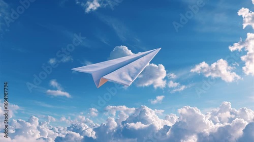 Paper Airplane Flying Amidst Bright Blue Sky with Fluffy White Clouds